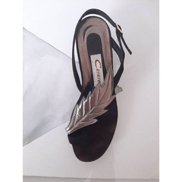 Vintage sling back sandals with leather leaf and buckle silver and black sz - 6 - Picture 5 of 5
